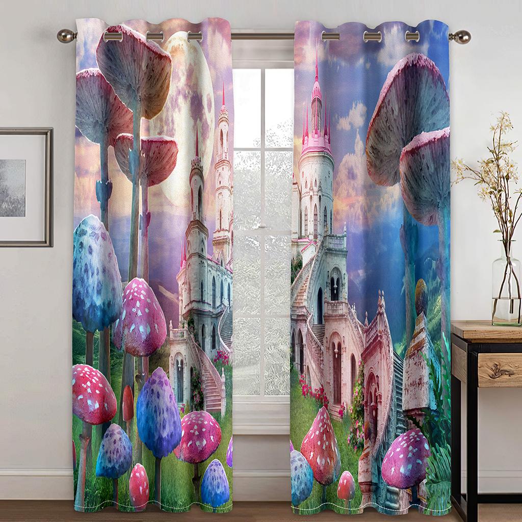 3D Cartoon Dream Castle Curtains Plant Floral Curtains 2PCS Kids Room Girls Room Living Room Bedroom Balcony Study Room Decor