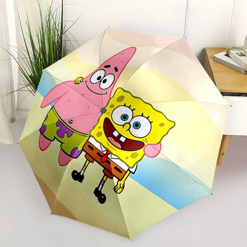 1pc SpongeBob SquarePants & Patrick Star Automatic Opening/Closing Umbrella - Portable 3-Fold Design, 8-Bone Iron Frame Outdoor Umbrella - Ideal
