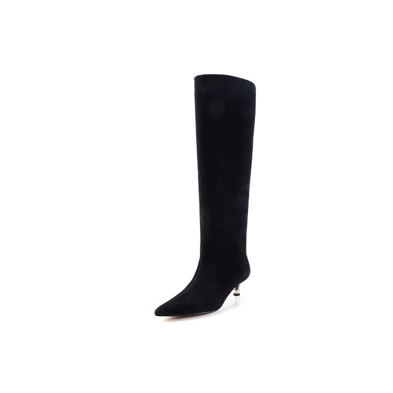2025 autumn new matte leather high boots British style fashion versatile pointed heel but knee fashion boots