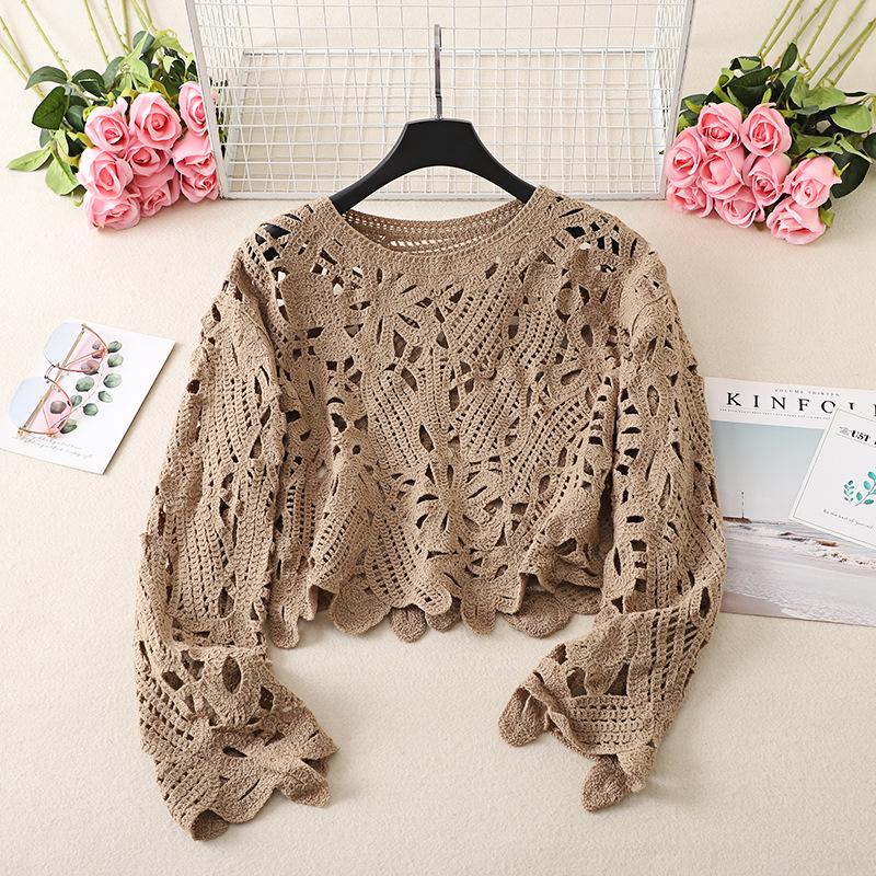 2024 Plus Size French Crochet Hollow Knit Long Sleeve Cardigan for Women - Retro Autumn Sweater Top