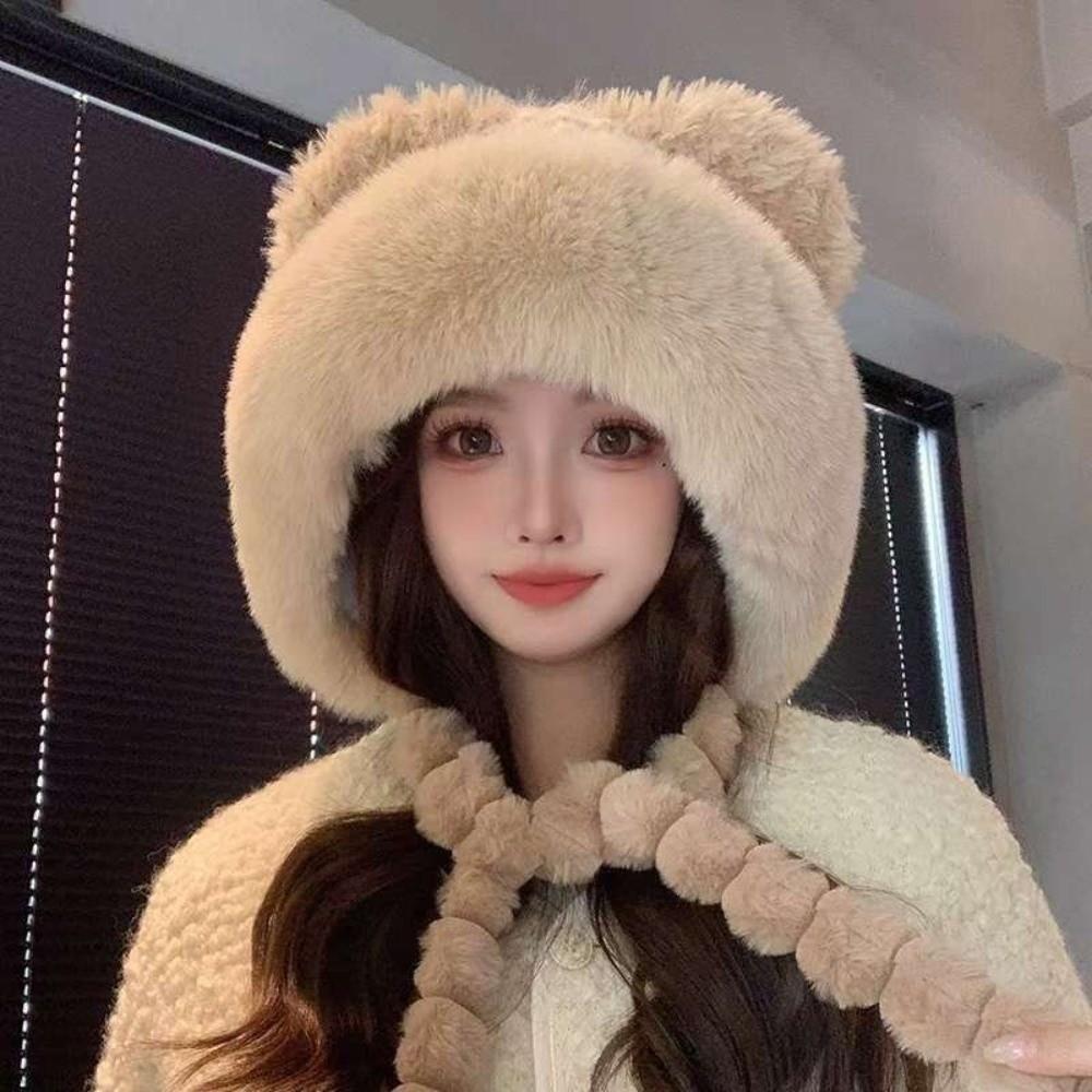 New Warm Warm Ear Protection Hat Ethnic Style Thick Plush Ear Protection Hat Pompom Fluffy Cute Bucket Hat for Women