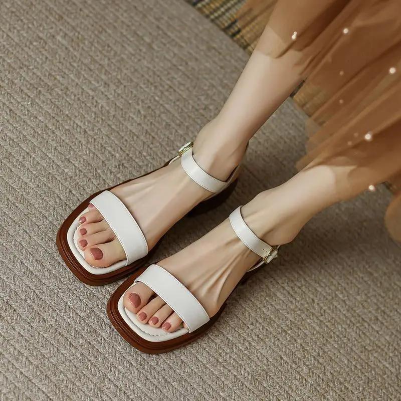 Fashion Flat Leather One Word Buckles Summer 2024 Sandals For Woman Footwear Open Toe With Low Heels Women's Shoes Young On Sale Offer H