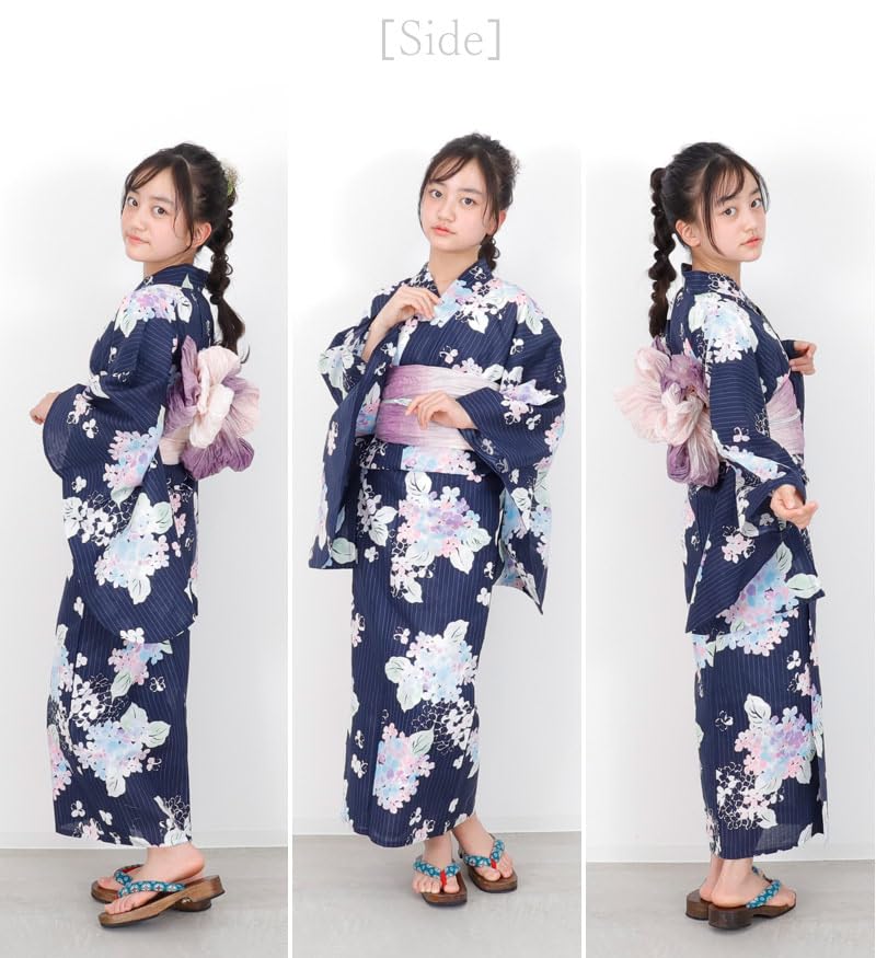 Kimono Hiroba Lovely Yukata Set with Variegated Sizes and Retro and Modern Navy Light and Yu Children's Girls' 4-Piece Weave, 130, 140, 150cm, Style,