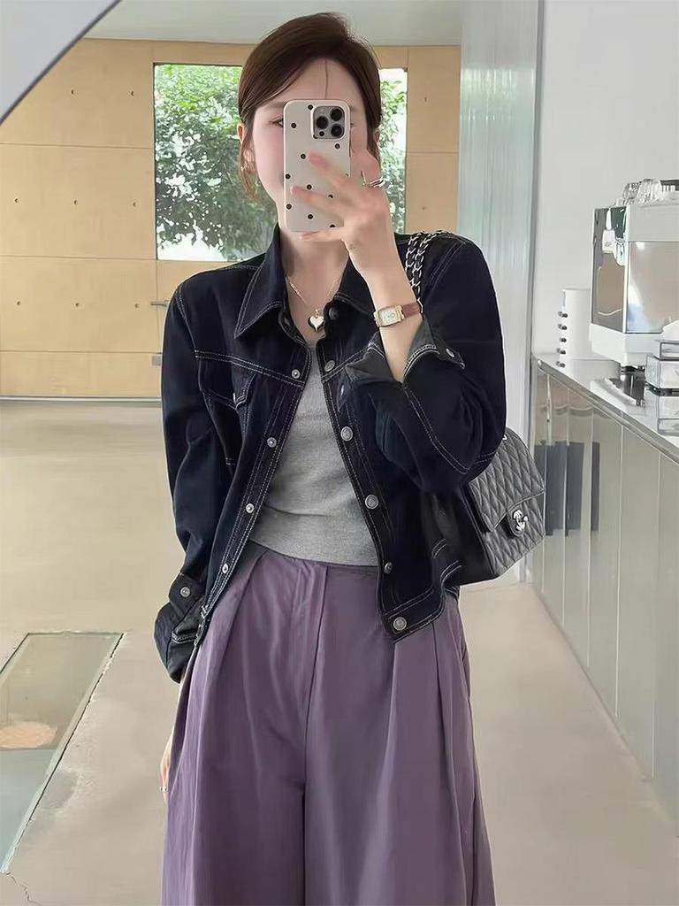 2025 Women's Korean Style Retro Denim Jacket – Spring Collection, Versatile Short Design, Long Sleeve Top