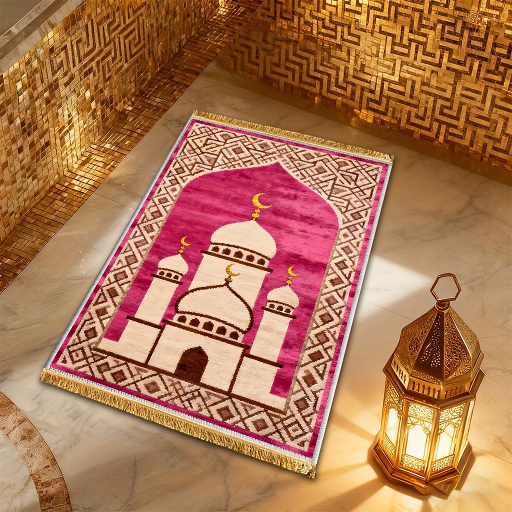 VIKAMA Pink Geometric Mosque Moon Islamic Prayer Rug Polyester Portable Muslim Salah Mat Ramadan Kids Home Decor Prayer Carpet