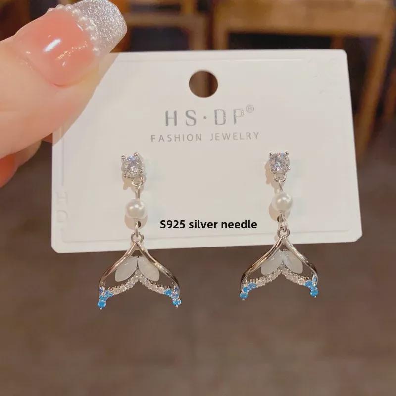 French Zircon Pearl Fishtail Earrings - Chic, Minimalist Silver Jewelry with a High-End Niche Design