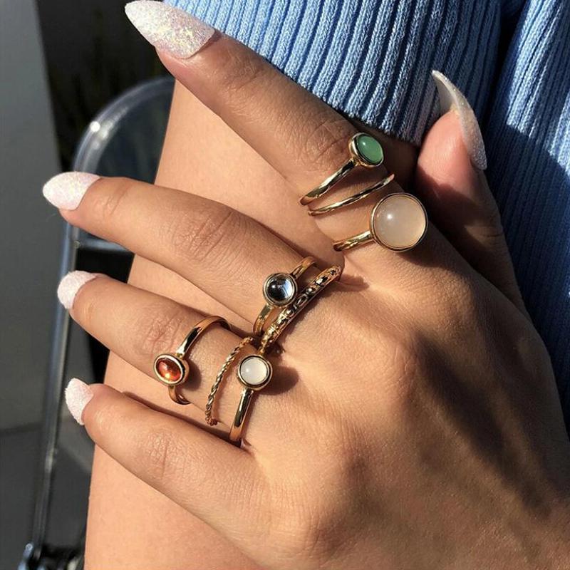 Vintage Colorful Crystal Stone Rings Set for Women Trendy Gold Silver Color Glazed Ring Set Geometric Resin Rings Party Jewelry