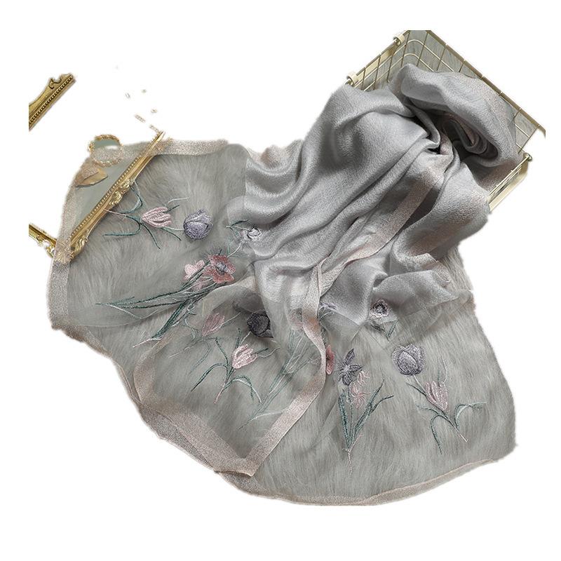 Neuer Seidenwollschal Damen Stickerei Frühling und Sommer Einfarbig Lange Schals Pashmina Damen Schal Haar Hijab Bandana