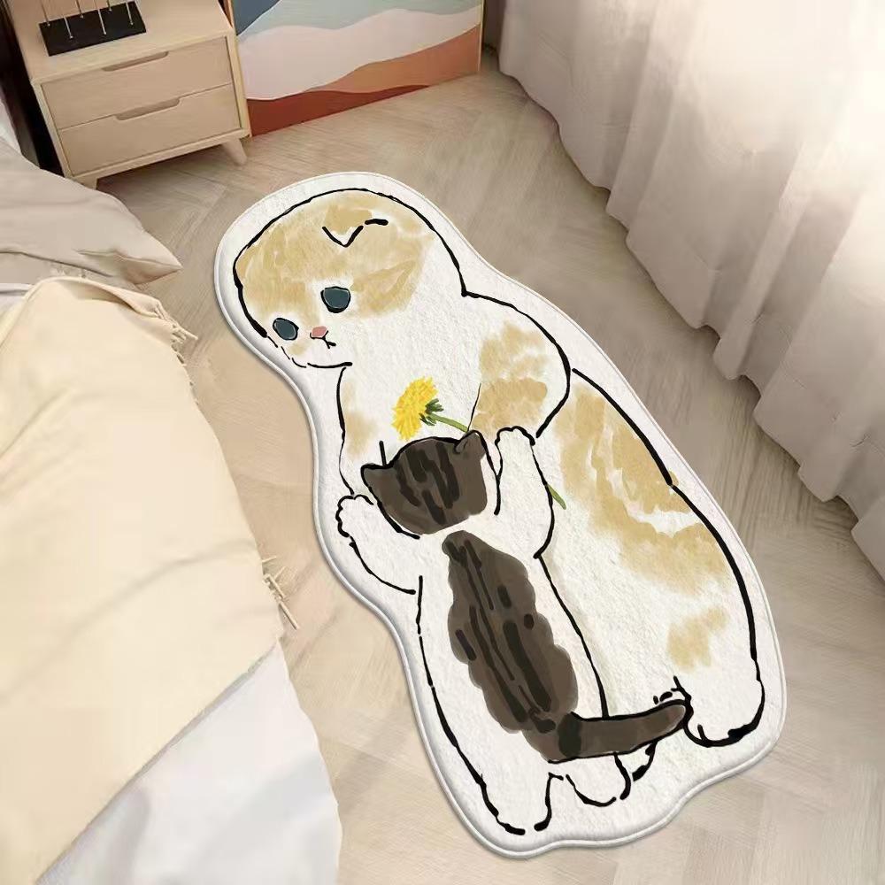 2pcs Cartoon Cute Cat Imitation Cashmere Bedroom Carpet Special-shaped Bedside Carpet Floor Mat