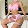 Women Sexy Pink Feather Lingerie Set Gauze Feather Neck Lace Bra Five-Piece Underwear See-Through Sex Lingerie Set