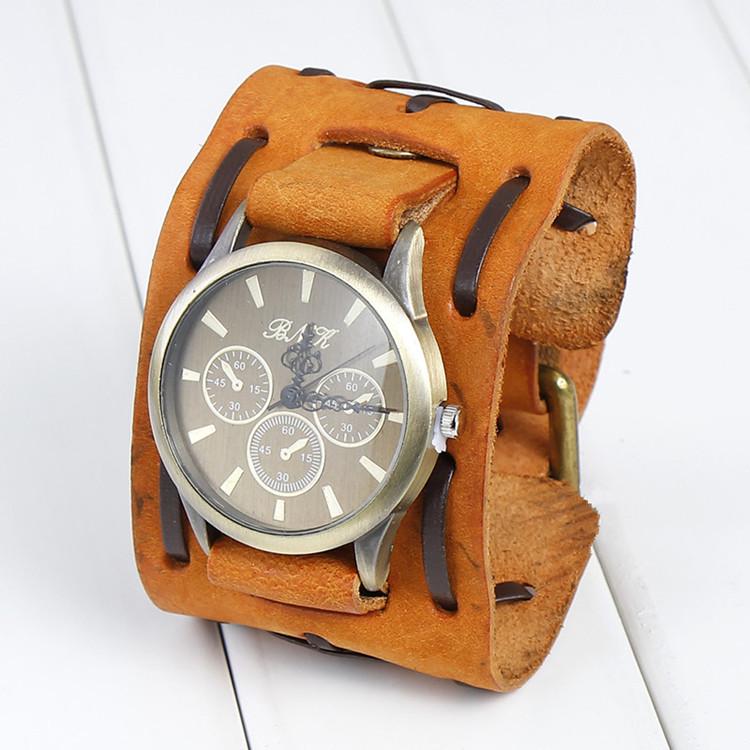 Men's Retro Quartz Watch with Wide Genuine Leather Band