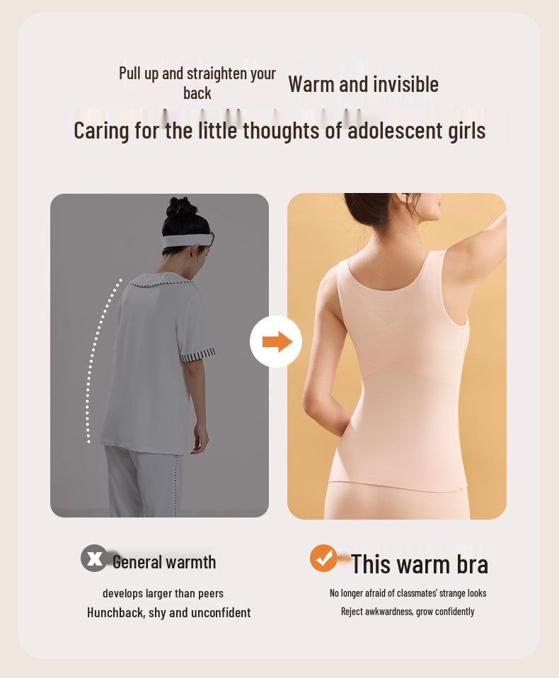 Girls' Seamless Warm Vest with Bra Pads and Pockets for Junior High Students
