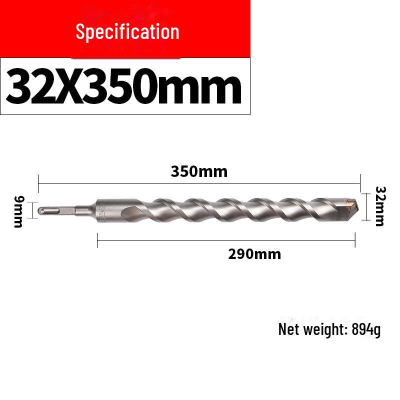 Impact Hammer Drill Bit for Drilling Through Concrete and Cement Walls with Round and Square Handles, Two Pits, and Two Grooves.