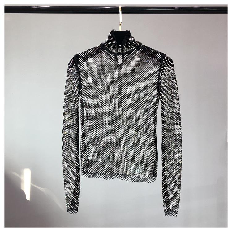 European & American Autumn/Winter Mesh Diamond High Collar Sexy Top - Versatile Fairy-Inspired Perspective Bottoming Shirt for Women