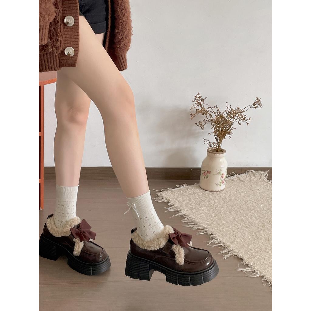 Brown velvet and velvet thick-heeled platform cotton shoes for women's winter wear with skirts, warm loafers, small leather shoes