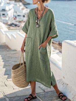 3D digital printing V-neck five-quarter sleeve long pocket Kaftan dress