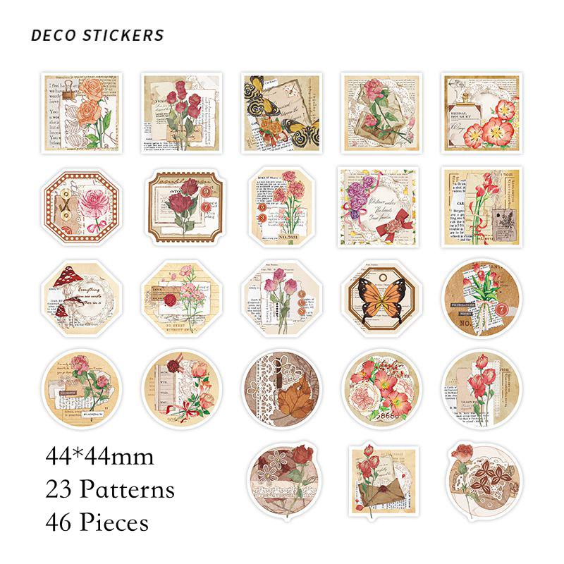 Journamm 44-46pcs Vintage Stickers Cute Flower Sticky DIY Scrapbooking Decor Junk Journal Collage Photo Album Sticker Stationery
