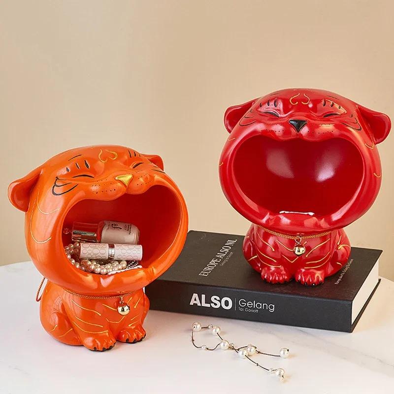 Cute Tiger 2022 Lucky Cat Figurines Money Box Tray Snack Food Storage Holder Desk Ornaments Chinese New Year Home Decoration