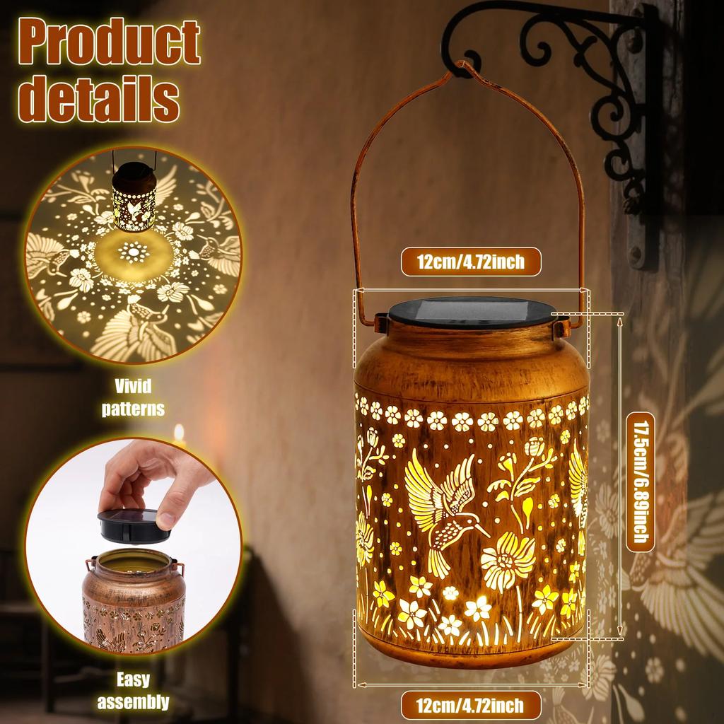 Hummingbird Solar Lantern IP65 Waterproof Metal Solar Light Dual Lighting Mode Step Wall Fence Lights Outdoor Garden Decoration
