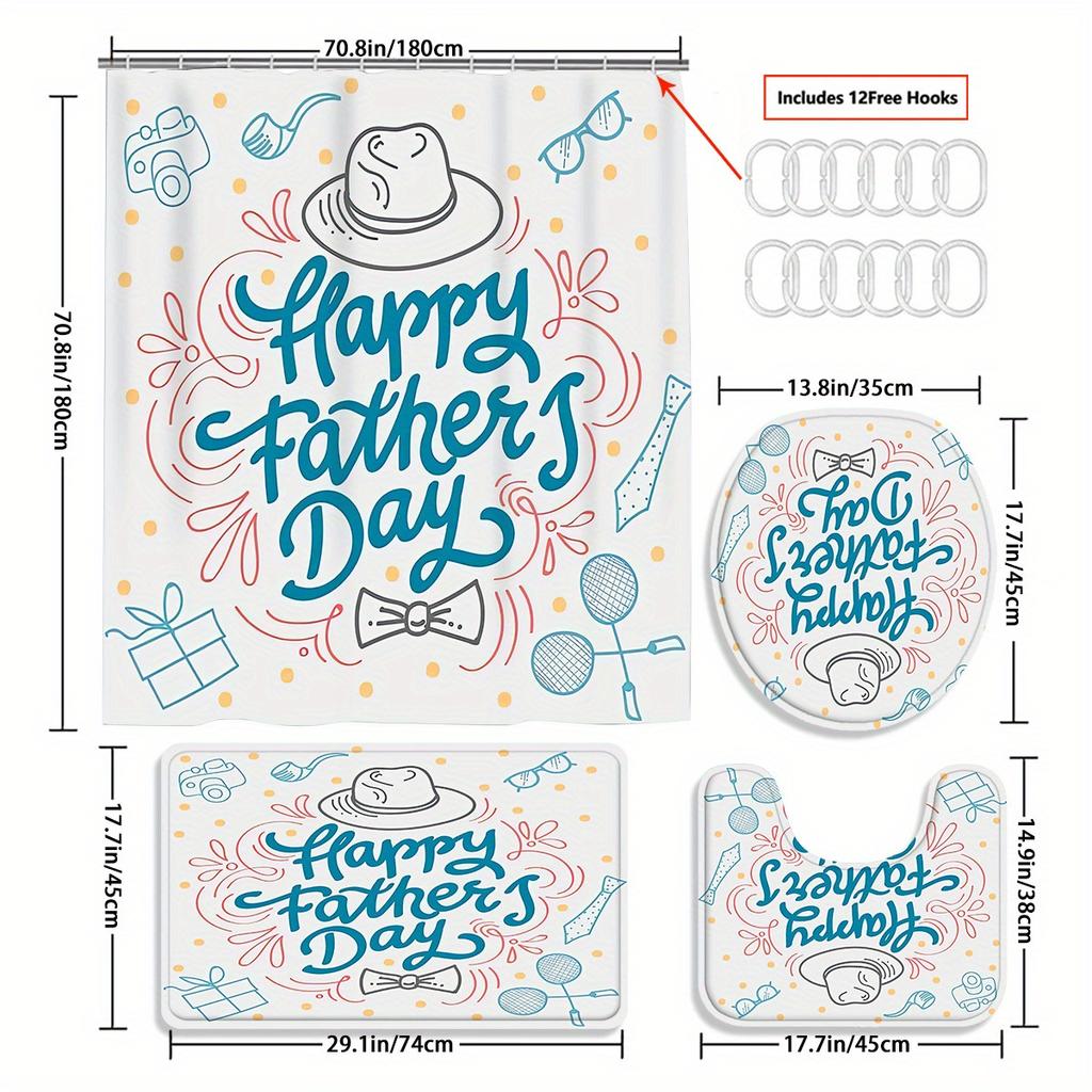 Father'S Day Decorative Shower Curtain Bathroom Set - Machine Washable, With 12 Hooks, Including Toilet Seat Cover And Bathtub
