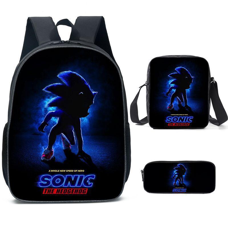 Cartoon Sonic Backpack, Primary And Secondary School Schoolbag, Messenger Bag, Pencil Case Three-Piece Set