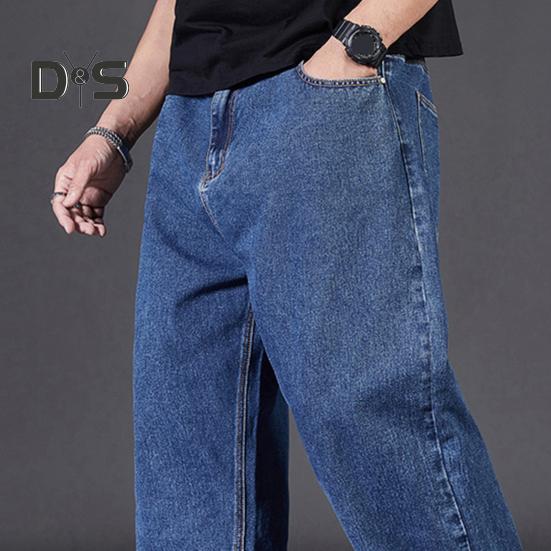Men Jeans High Waist Solid Color Spliced Denim Pants with Pockets Straight Wide Leg Long Pants Daily Wear