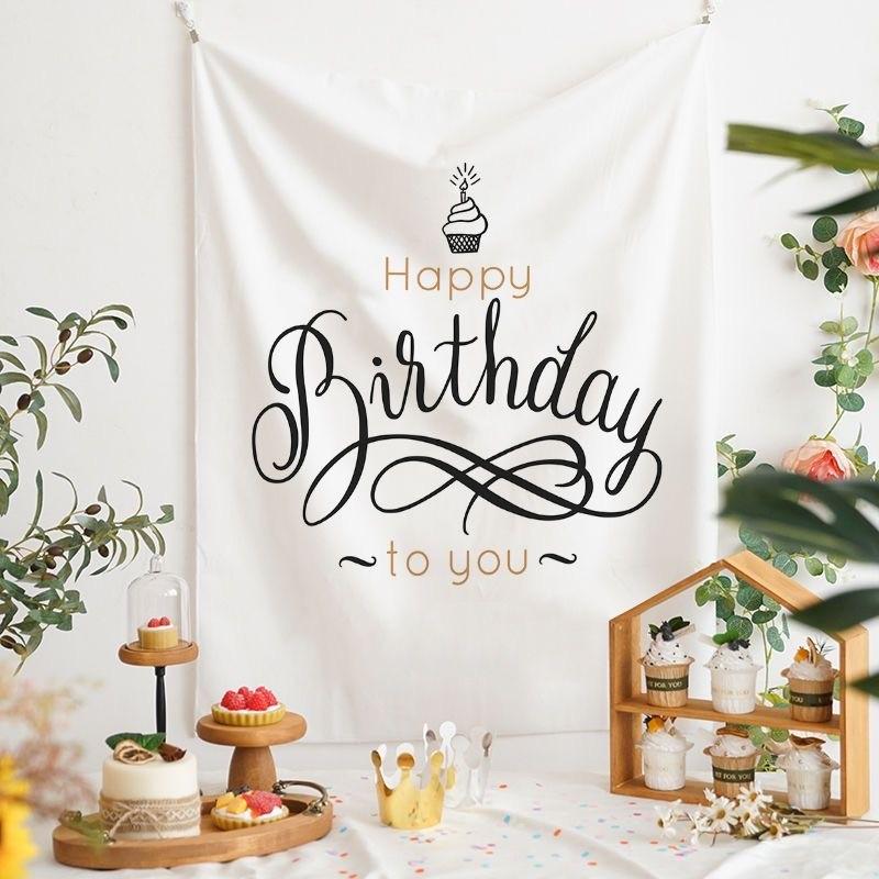 Minimalist Black White Happy Birthday Tapestry Party Backdrop for Kids Adults Birthday Decor Bedroom Photo Background