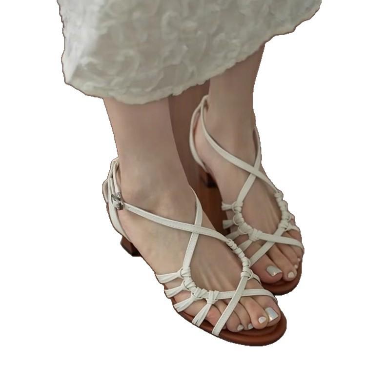 Soft leather version~ hand-woven hollowed-out vacation style high-heeled Roman shoes women's summer open-toed temperament with skirt sandals