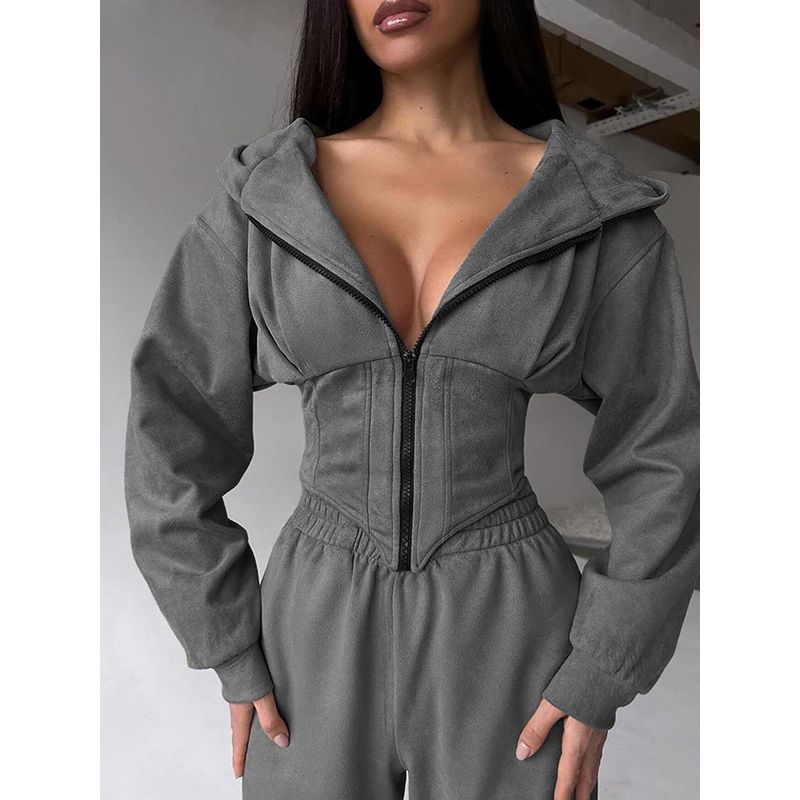 Western Style Autumn and Winter Women Clothes Solid Waist Hoodie Trousers Set Sports Casual Trousers Two-piece Set Women