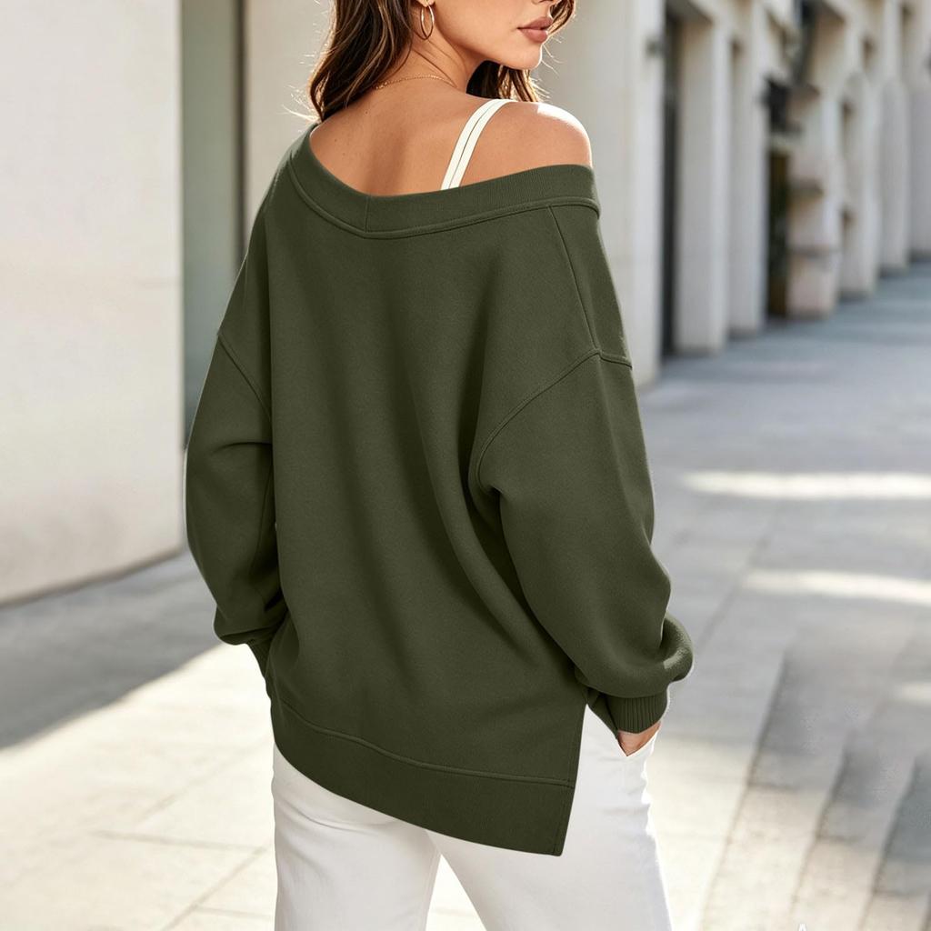 Damen Casual V-Ausschnitt Langarm Farbiger Lockerer Schnitt Sweatshirt mit Seitenschlitz