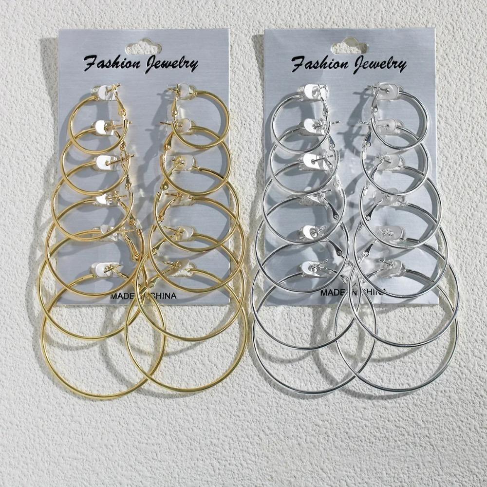 6 Pairs Big Hoop Earrings Set, Gold & Silvery Metal Round Circle Earrings, Hyperbole Minimalist Daily Jewelry for Women