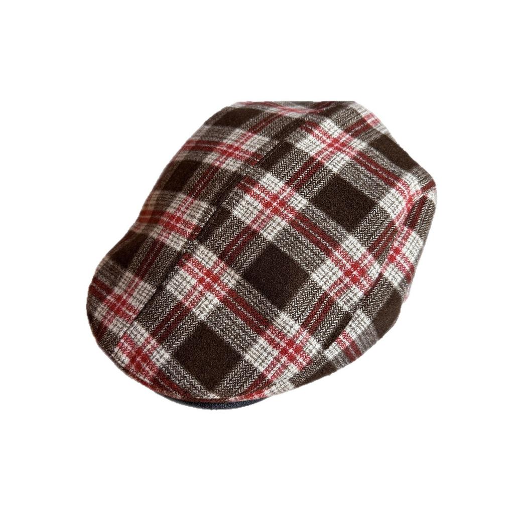 Retro Brown Plaid Forward Hat for Women In Autumn and Winter New Fashion Versatile Face Showing Little Painter Hat British Fashion for Men