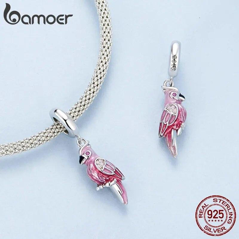 Bamoer 925 Sterling Silver Pink Parrot Pendant Charms Cute Bird Beads for Women Original Bracelet and Necklace DIY Accessories