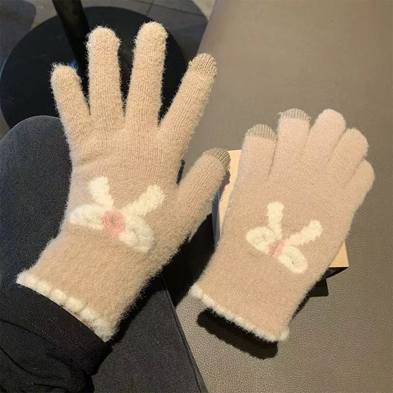 Knitted Touch Screen Gloves for Women To Keep Warm in Winter Thickened and Fleece Five Finger Outdoor Cycling Two Finger Korean Style Gloves