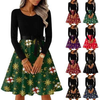 Women's Casual Fashion Long Sleeve Christmas Graphic Printed Vintage Long Dresses
