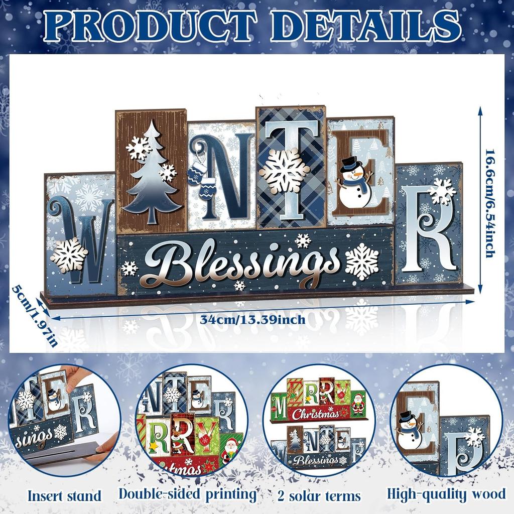 Amyhill Winter Table Decoration Merry Winter Tiered Tray Decor Reversible Centerpiece Decorative Snowman Snowflake Santa Claus Gingerbread Block