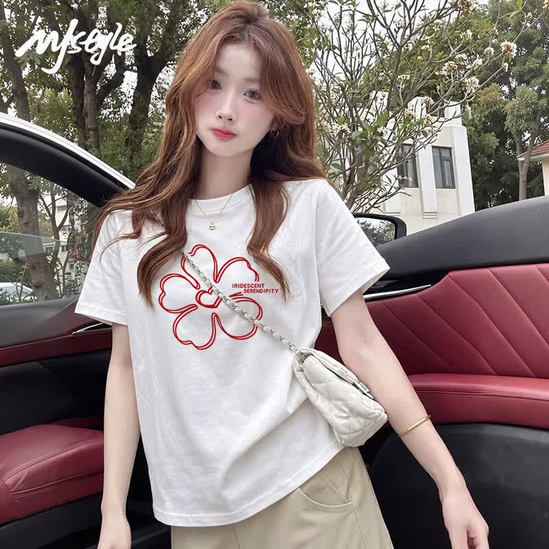 MJ STYLE Damen Herzlinien-Grafik-Baumwoll-T-Shirt