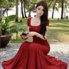 Hepburn Style French Temperament Summer New Pleated Pure Waist Short Sleeve Hip Wrap Fishtail Dress Drape Long Dress