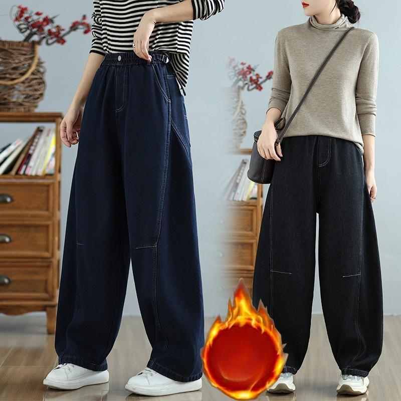 DIMANAF 2025 Autumn Winter Plus Size Jeans Women Thicken Flocking Warm Vintage Cotton Denim Long Pants