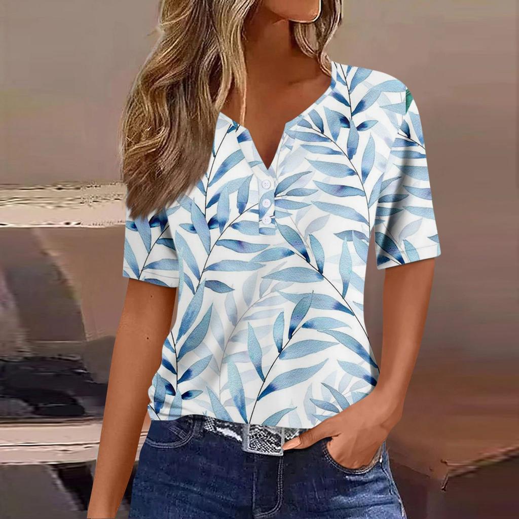 Women's T Shirt Tee Print Button Short Sleeve Daily Weekend Fashion Basic V- Neck Regular Top