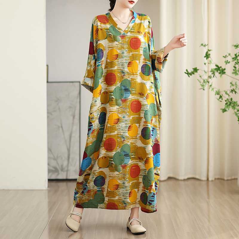 New Color Travel V-neck Retro Long Skirt Cotton Linen Dress