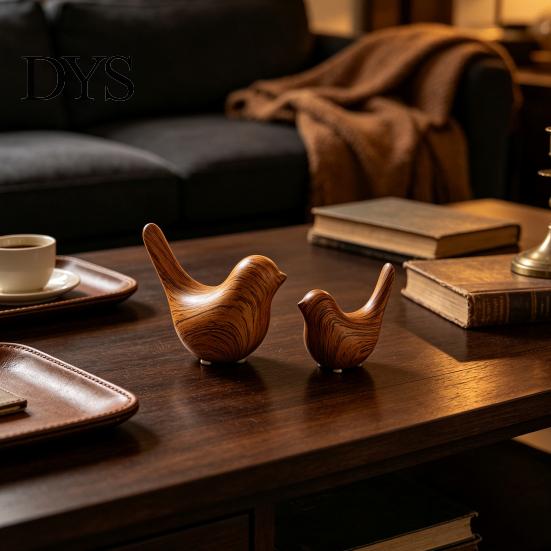 Minimalist Interior Design Pieces Bird Figurines with Wood Grain Look, Modern Home Decor Animal Sculptures, Ceramic Birds Abstract Ornaments