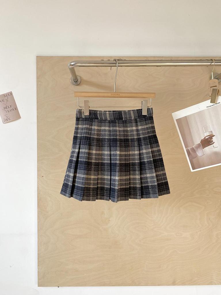 Korean Style Plaid Woolen High Waist A-Line Pleated Skirt for Women, Plus Size, College Fashion