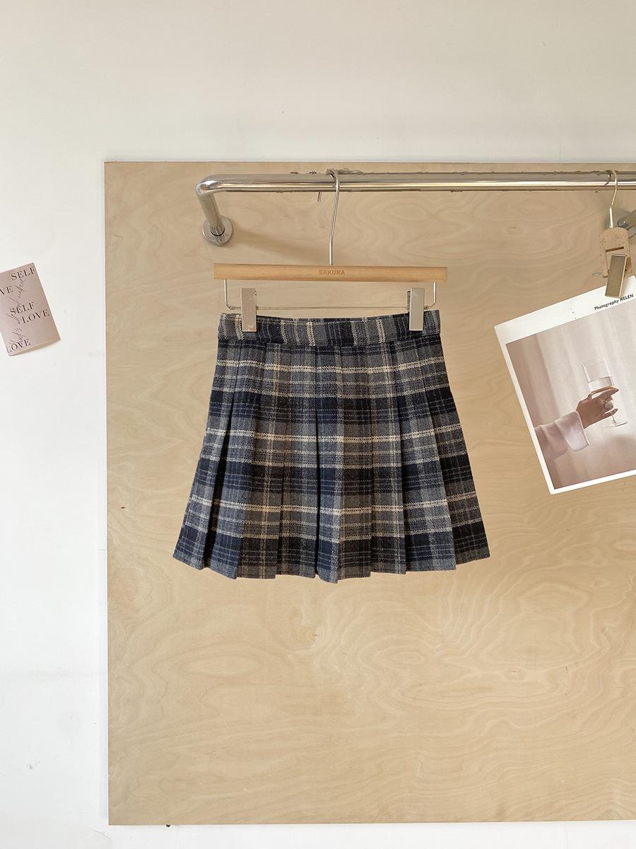 Korean Style Plaid Woolen High Waist A-Line Pleated Skirt for Women, Plus Size, College Fashion Large синий