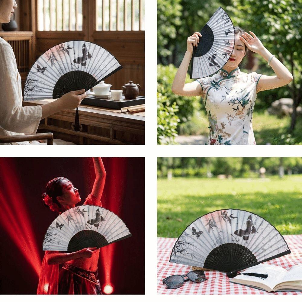 Antique Bamboo Folding Fan Ink Wash Painting Portable Fan Decorative Silk Hand Fan Hanfu Cheongsam
