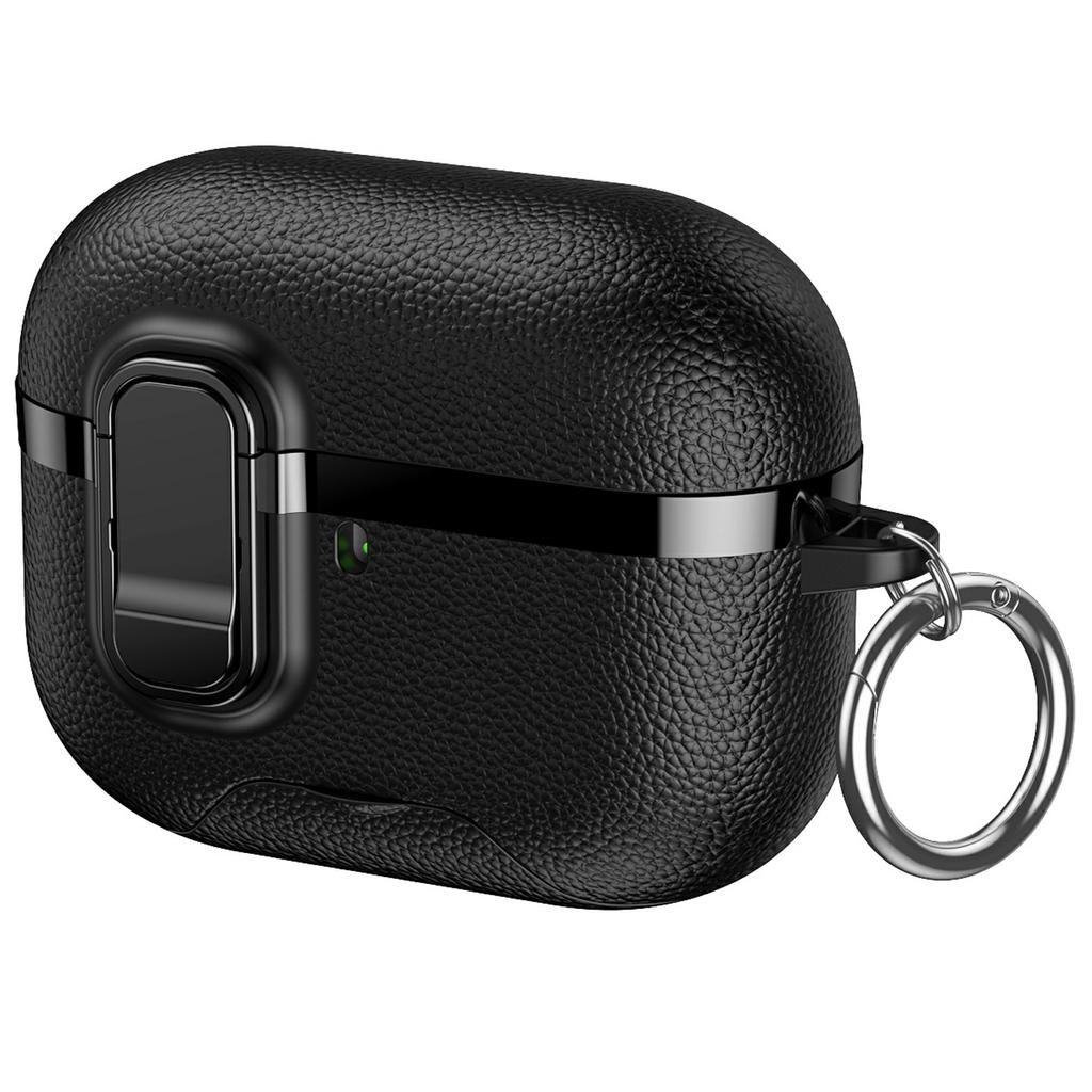 For AirPods Pro Case Foldable Stand Electroplated Litchi Texture TPU PC Earbuds Cover with Switch / Carabiner