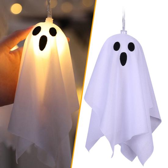10 ks Halloweenská závěsná svítící dekorace duchů Strašidelný bílý látkový duch se světelným řetězem pro výzdobu přední verandy, dvora, trávníku, zahrady