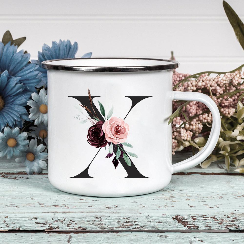 Alphabet Blumen A-Z Vintage Emaille Kaffee Tee Tassen Urlaub Camping Getränke Saft Bier Tassen Zuhause Büro Milch Tasse Geburtstagsgeschenke