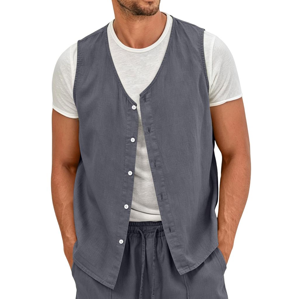 Men's Lightweight Button Front Linen Vest Sleeveless Casual Summer Shirt Non-Iron Breathable Fabric Relaxed Fit