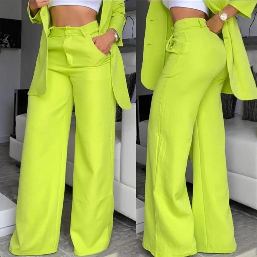 2025 Damski Letni Elegancki Garnitur w Jednolitym Kolorze z Rozcięciem na Rękawie, Klapami i Spodniami z Prostą Nogawką